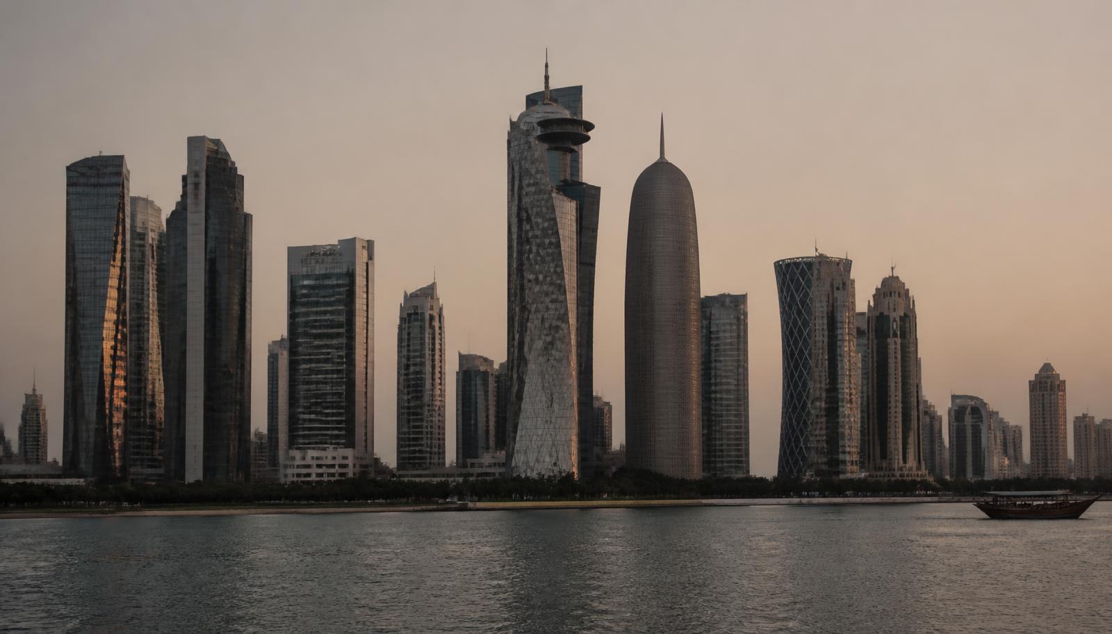 Contemporary Gulf skyline at dusk seen across calm water