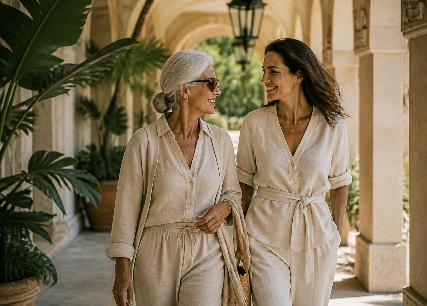 Two women walking together through a sunlit resort colonnade