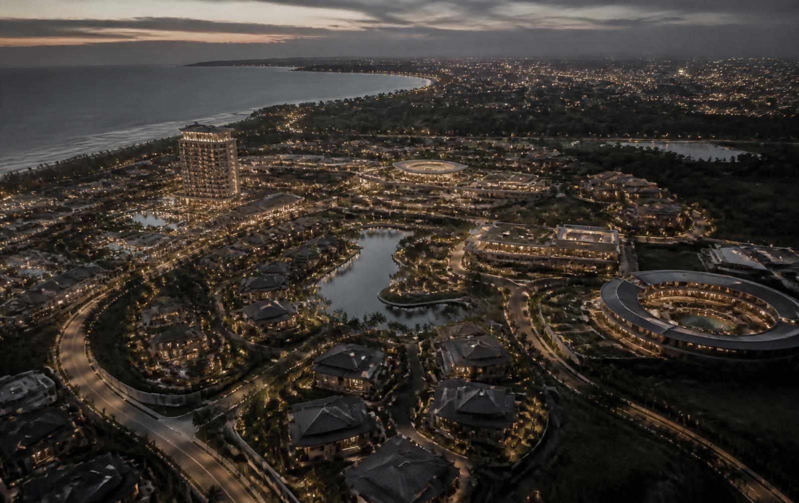 Dusk aerial concept view of a master-planned coastal integrated resort community
