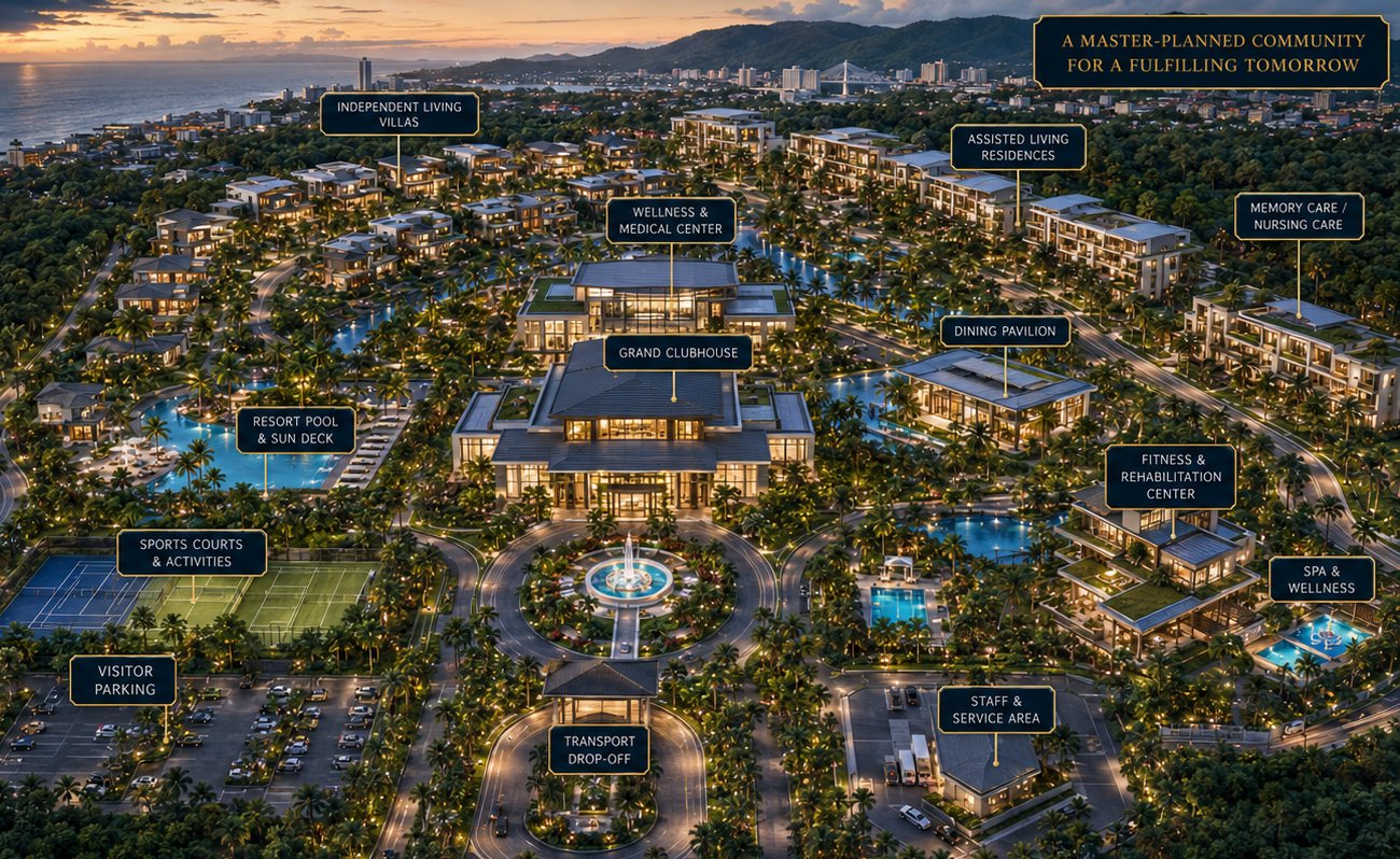 Aerial master plan rendering of an integrated resort community with clubhouse, villas and wellness centre